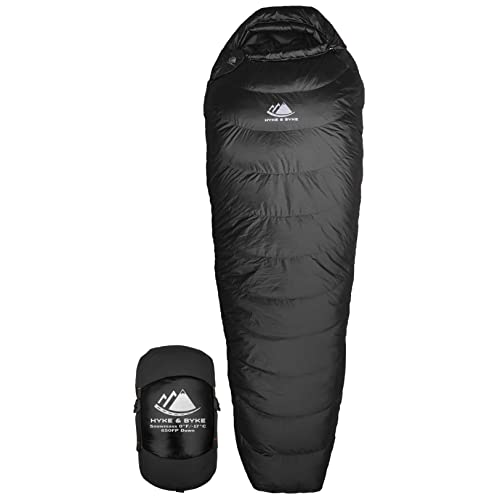 Hyke & Byke Snowmass 0 F Hiking & Backpacking Sleeping Bag - 4 Season, 650FP Duck Down Sleeping Bag - Ultralight - Black - 87in - Long
