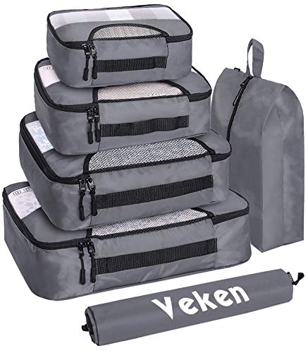 Veken 6 Set Packing Cubes, Travel Suitcase Luggage Organizers with Laundry Bag & Shoe Bag (Ash Gray)